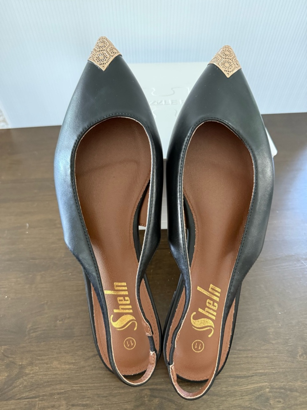SHELN black Flats with Gold Filigree Toe Cap
